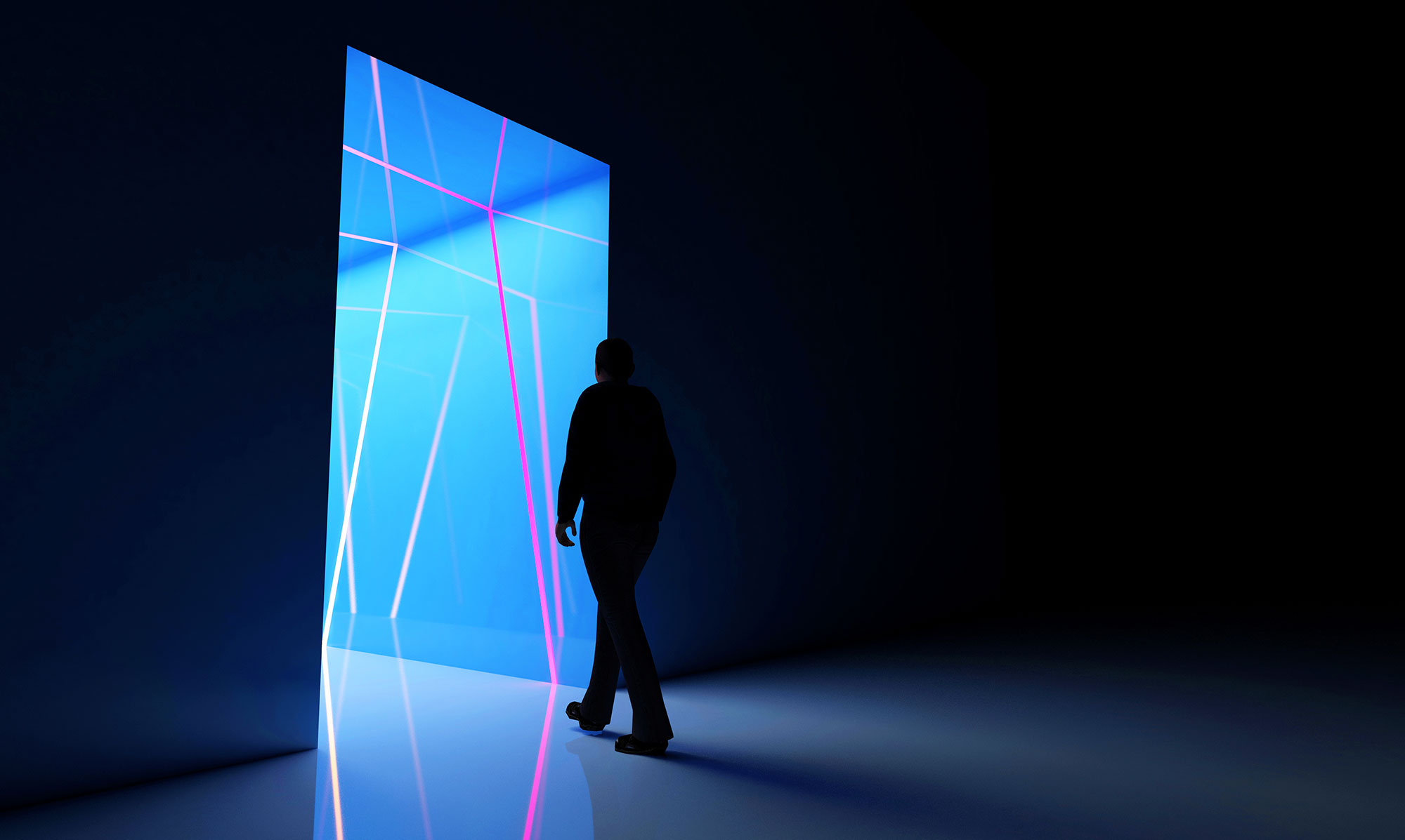 Person in a dark room walking toward a brightly light blue doorway